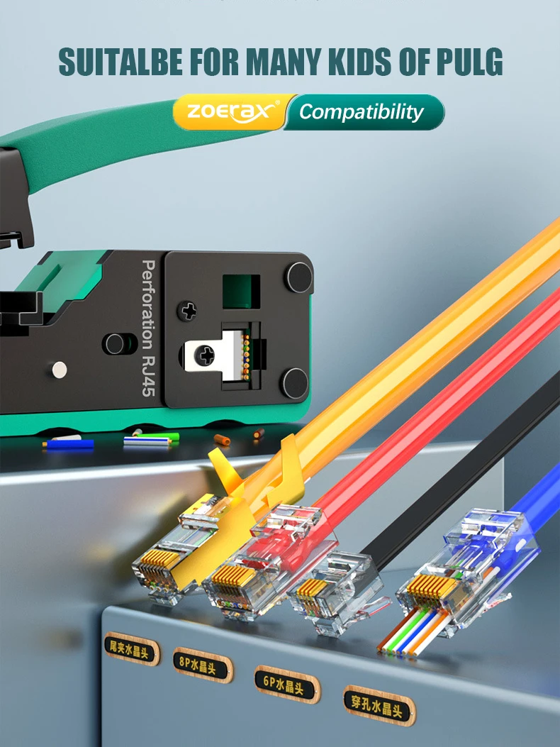 Zoerax Rj45 Crimper Ferramenta Passar Através de Conectores Crimper Fio Stripper Cortador de Fio para Cat5 Cat5e Cat6 Cat6a 7 - Imagem 5