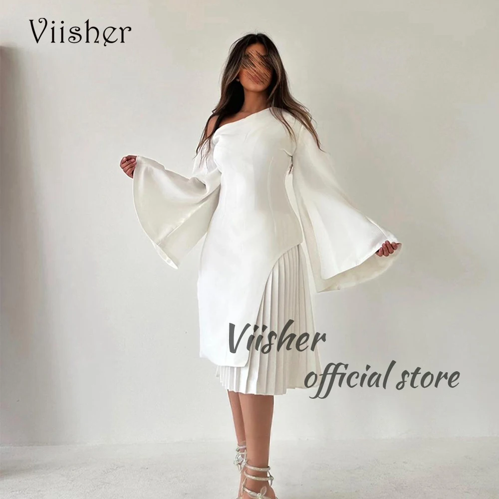 

Viisher White Mermaid Evening Dresses Long Sleeve Off Shoulder Prom Dress Pleats Satin Arabian Dubai Formal Occasion Gowns 2024