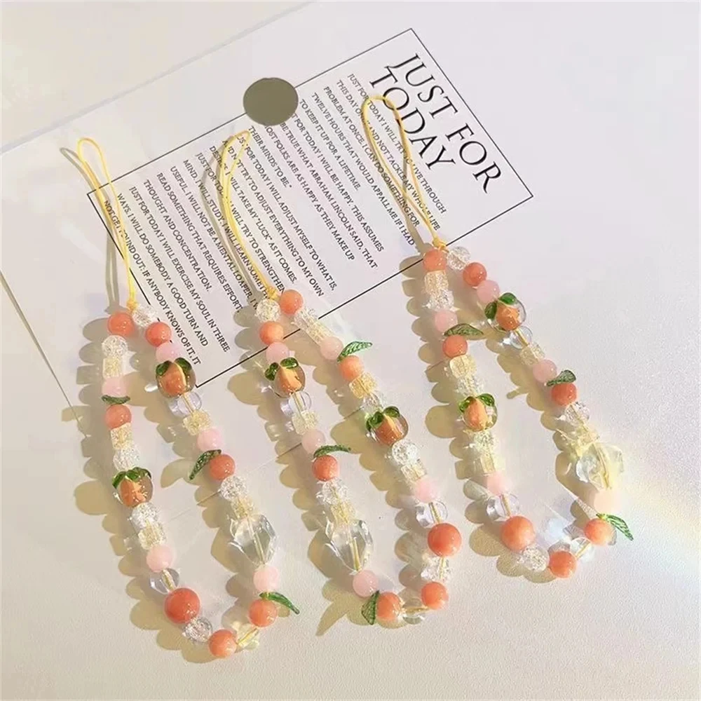 3D Stylish Cute Peach Fruit Resin Beaded Phone Charm Strap Chain ...