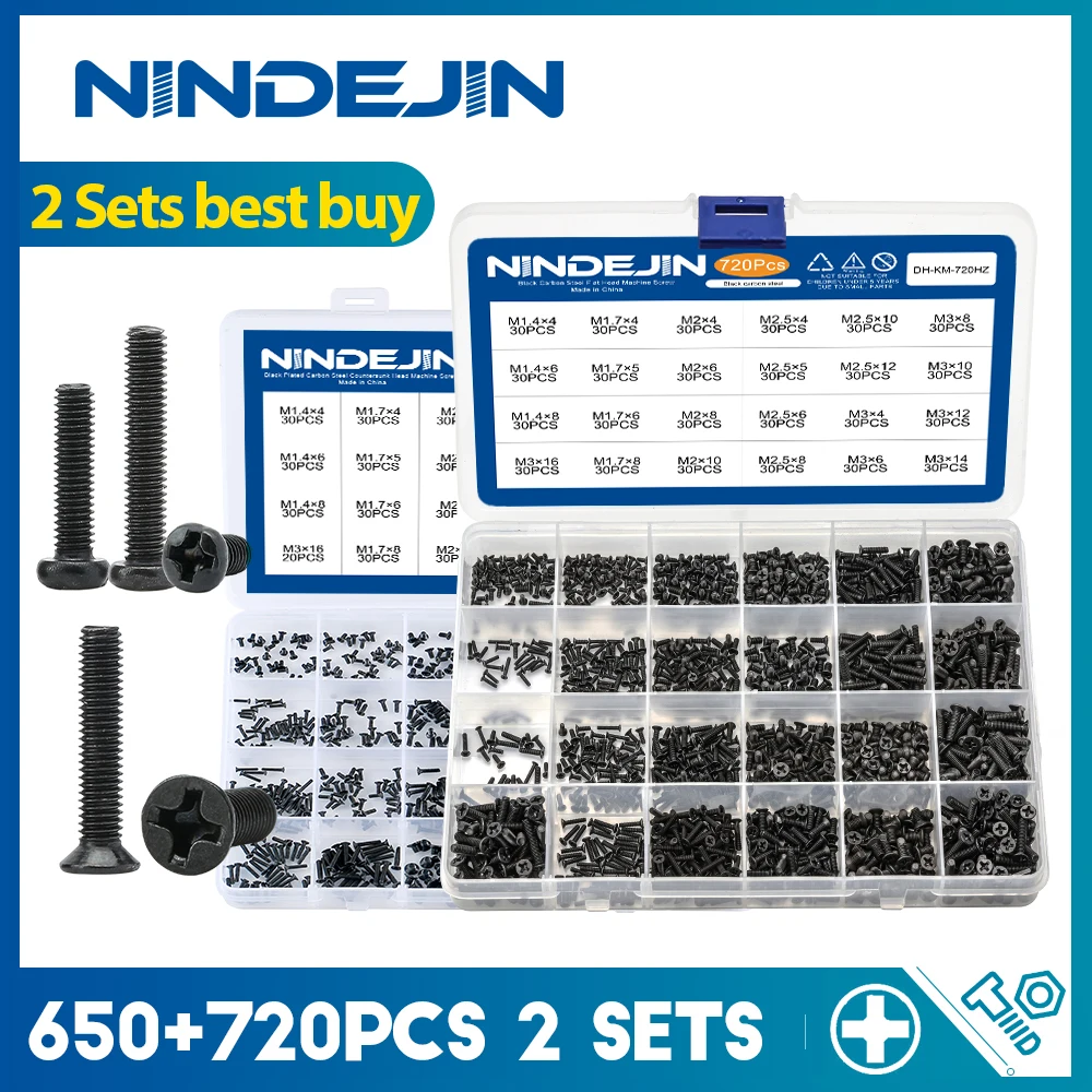 NINDEJIN 720Pcs แบนหัวสกรูสำหรับแล็ปท็อปชุด M1.4-M3คาร์บอน650Pcs หัวกลมขนาดเล็กสำหรับคอมพิวเตอร์ 1