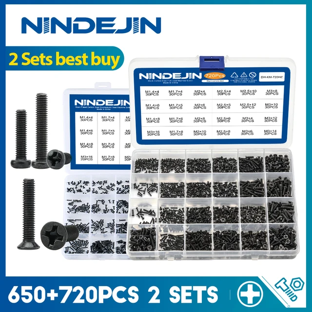 NINDEJIN 720Pcs แบนหัวสกรูสำหรับแล็ปท็อปชุด M1.4-M3คาร์บอน650Pcs หัวกลมขนาดเล็กสำหรับคอมพิวเตอร์ 1