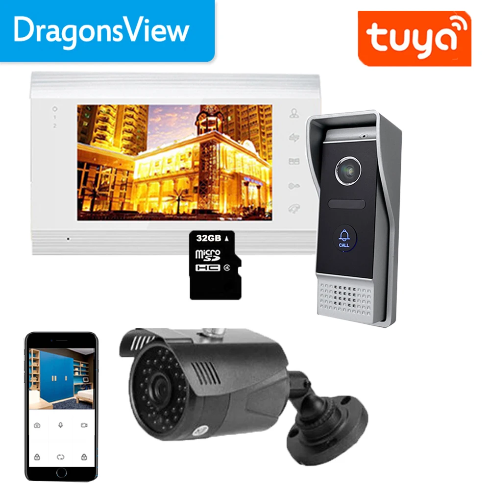 

Видеодомофон Dragonsview Tuya проводной с Wi-Fi и цветным экраном 7 дюймов