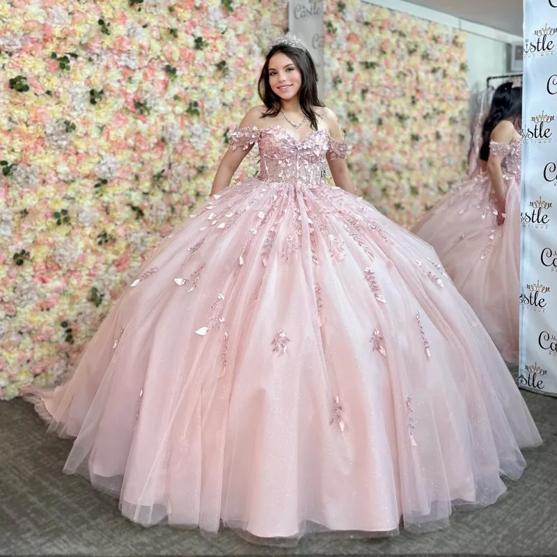 

Luxury Pink Shiny Sweetheart Quinceanera Dresses Sparkly Beaded Lace-up Corset Puffy Skirt Princess Debutante Dress for 15 years