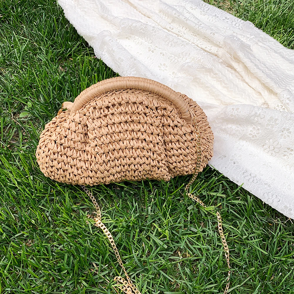 Women Straw Woven Bag Chain Strap Fashion Shoulder Bag Large Capacity Woven Dumpling Bag Solid Color for Party Vacation