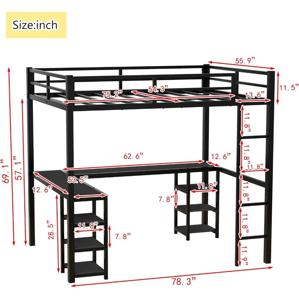 Children Beds, Full Size Loft Bed with Desk and Storage Shelves, Heavy Duty Metal Loft Bed with Black Desk and Guardrail 2