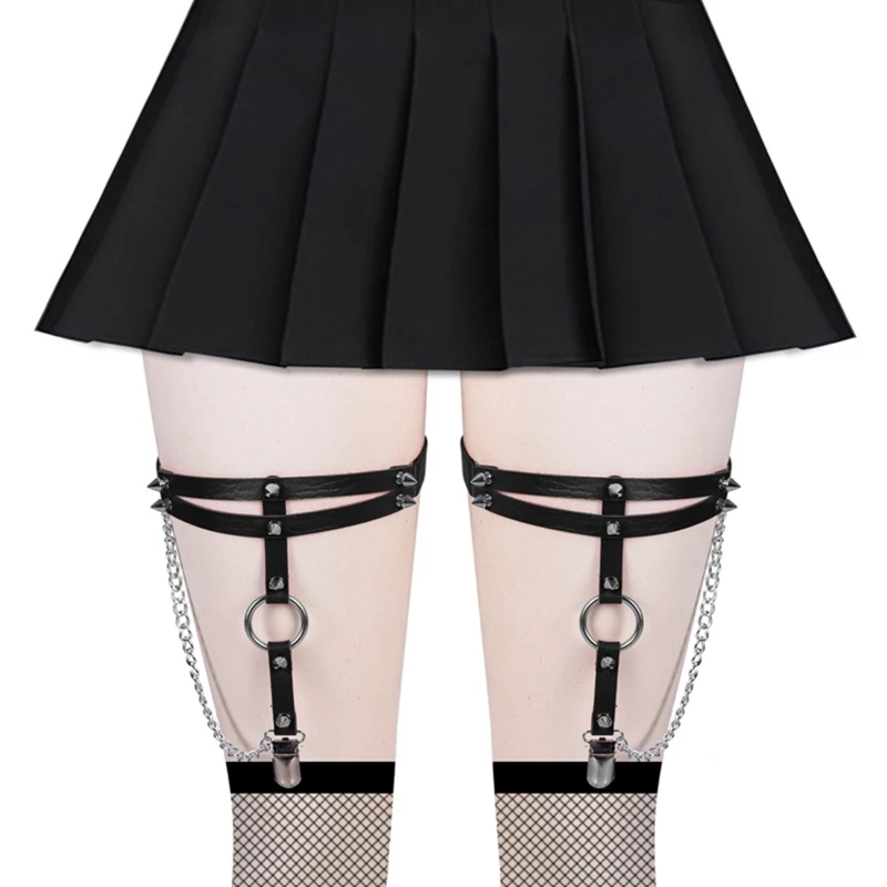 PU Leather Thigh Clips Anti-slip Belt Elastic with Dangle Chain Circle Decor Harness Nightclub Leg Accessories for Women