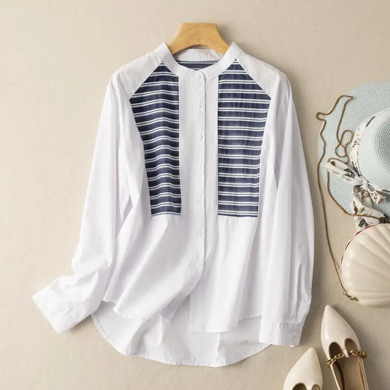 

Autumn All Match Harajuku Young Style Shirt Women Round Collar Long Raglan Sleeve Basic Loose Casual Patchwork Stripe Button Top