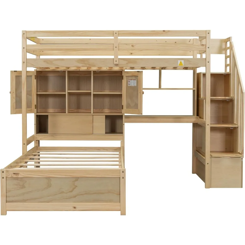 Twin Loft Bed.Twin Over Twin Bunk Beds with Stairs & Desk, Solid Wood Loft Bunk Bed with Storage Stairs Shelves and Drawers, 4