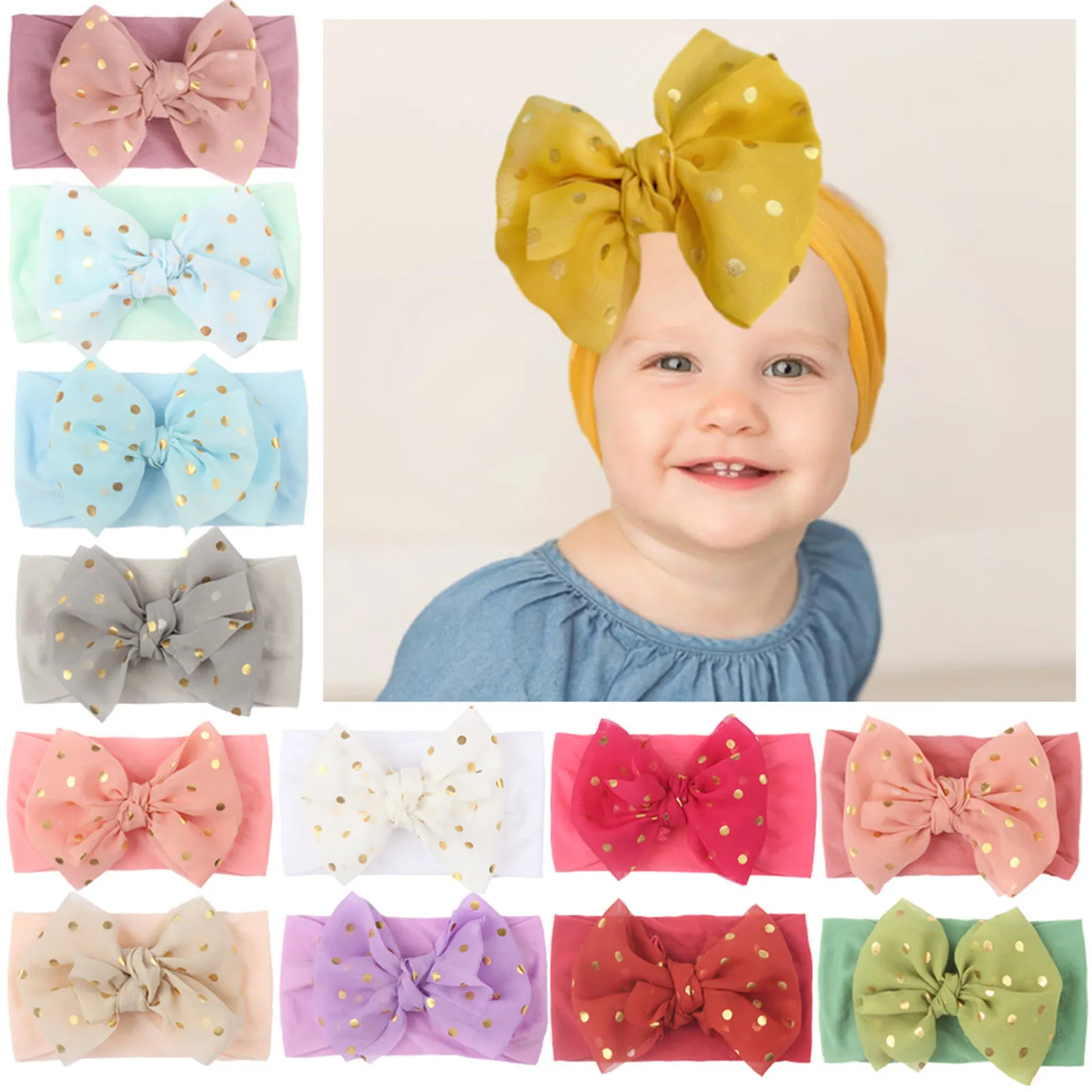 1PC Newborn Infant Kids Girls Dotted Bow Headband Stretch Hairband