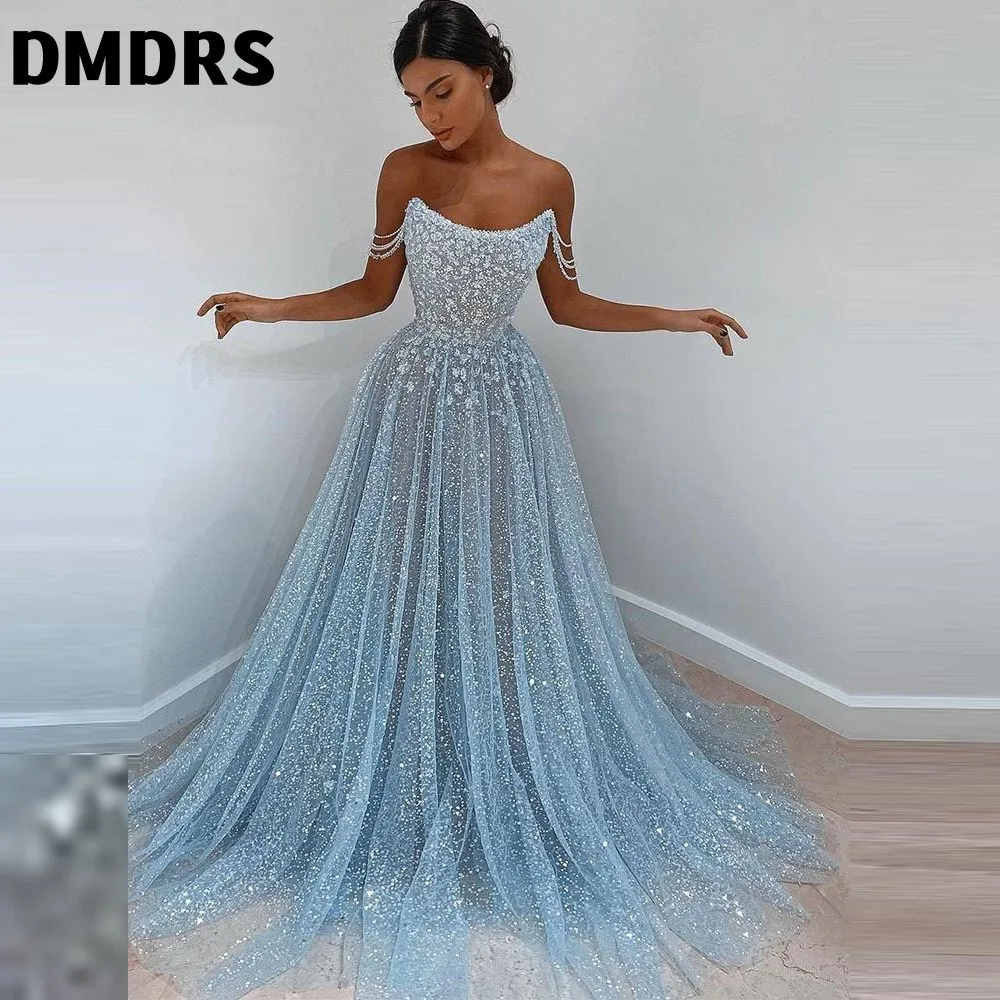 

New Sexy Sparkle Shinny Tulle Flowers Lace Appliques Long Prom Dresses A Line Wedding Magnificent Party Evening Gowns
