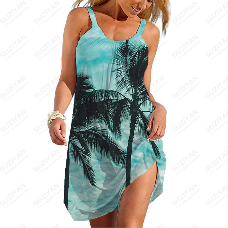 

Summer new ladies suspender dress, coconut tree 3D printed lady camisole dress fashion trend casual loose ladies suspender dress