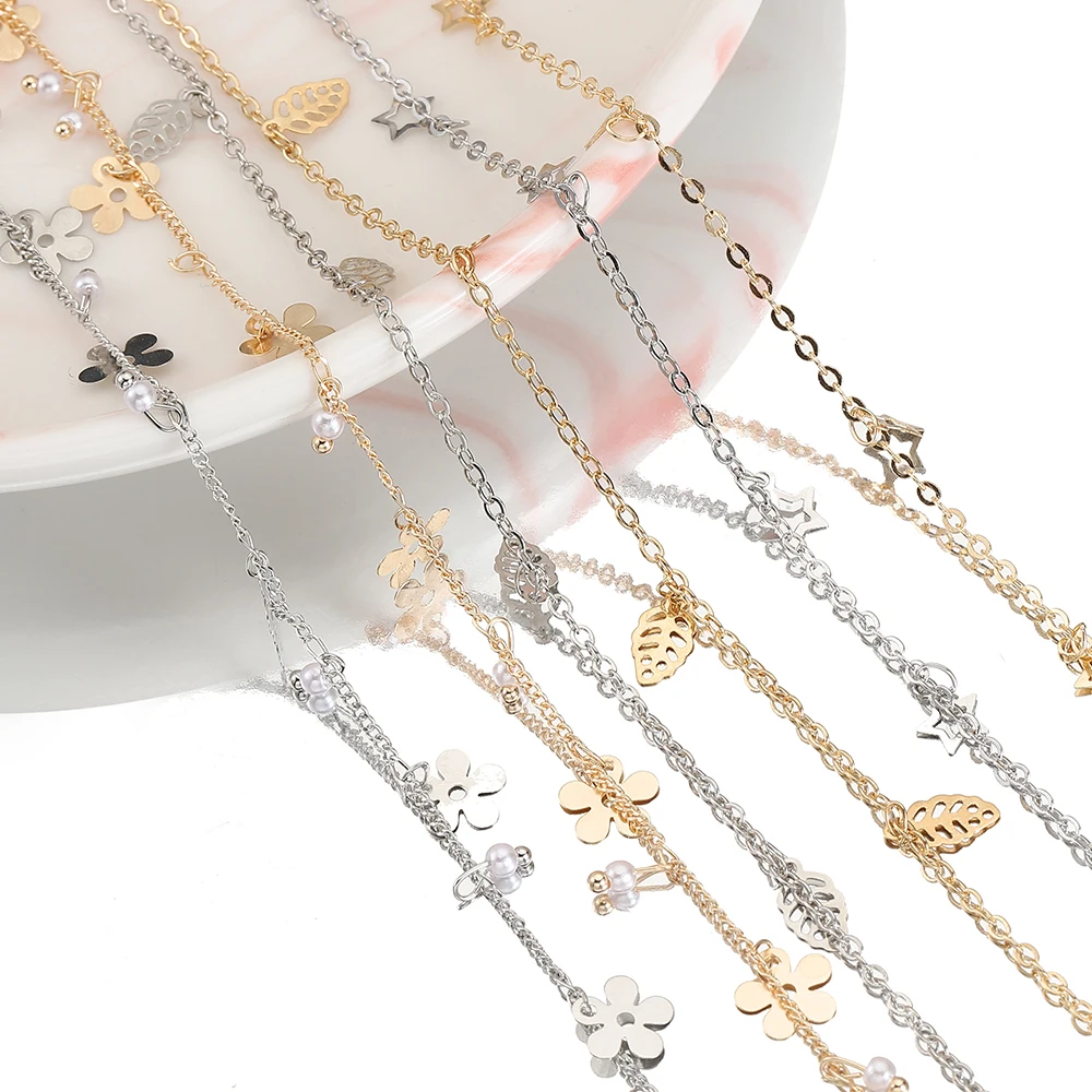 

2Meters 1Meter Star Leaf Pendant Copper Chains Flower Imitation Pearl Charms Chain Necklace Bracelet DIY Jewelry Making Supplies