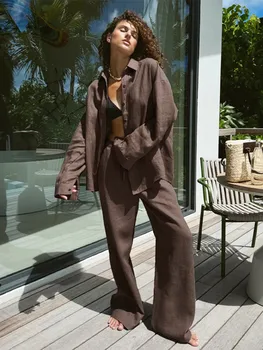 Cotton Linen Women's Pant Set Casual Loose Solid Buttons Shirt Pants Outfit 2025 Summer Lady Daily Chic Loose Trousers Suit New 1