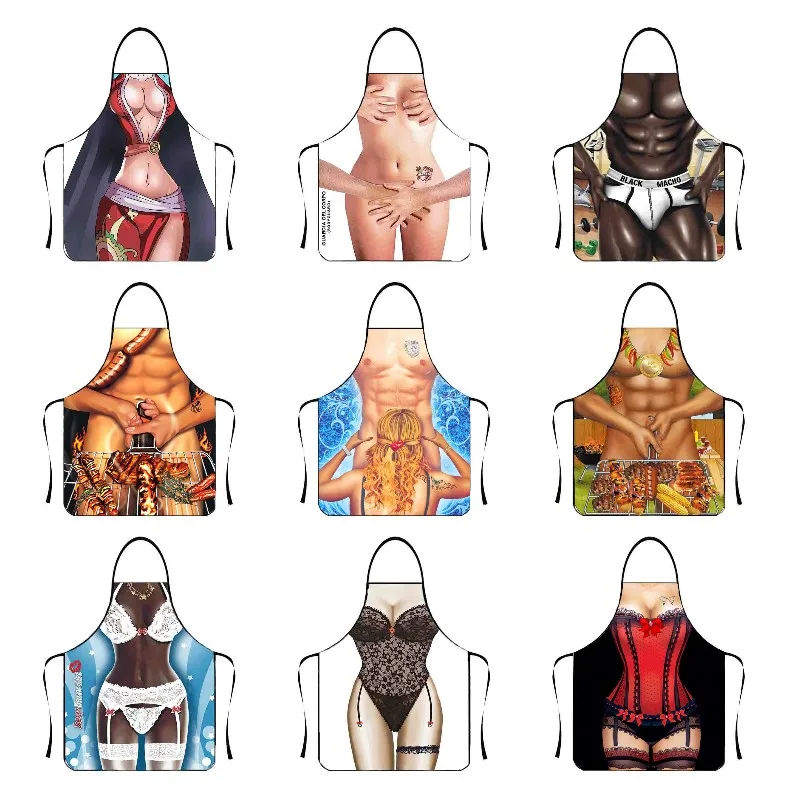 

Funny 3D Digital Printed Sexy Women Pinafore Cooking Party MuscleNaked Men Kitchen Apron Bikini Black Men Women Adult Baking BIB
