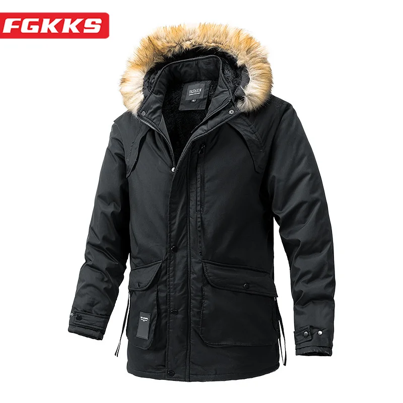 

FGKKS 2023 Outdoor Casual Parka Cotton Warm Hooded Coat High Quality Design Fashion Multi-Pocket Streetwear Parka For Men