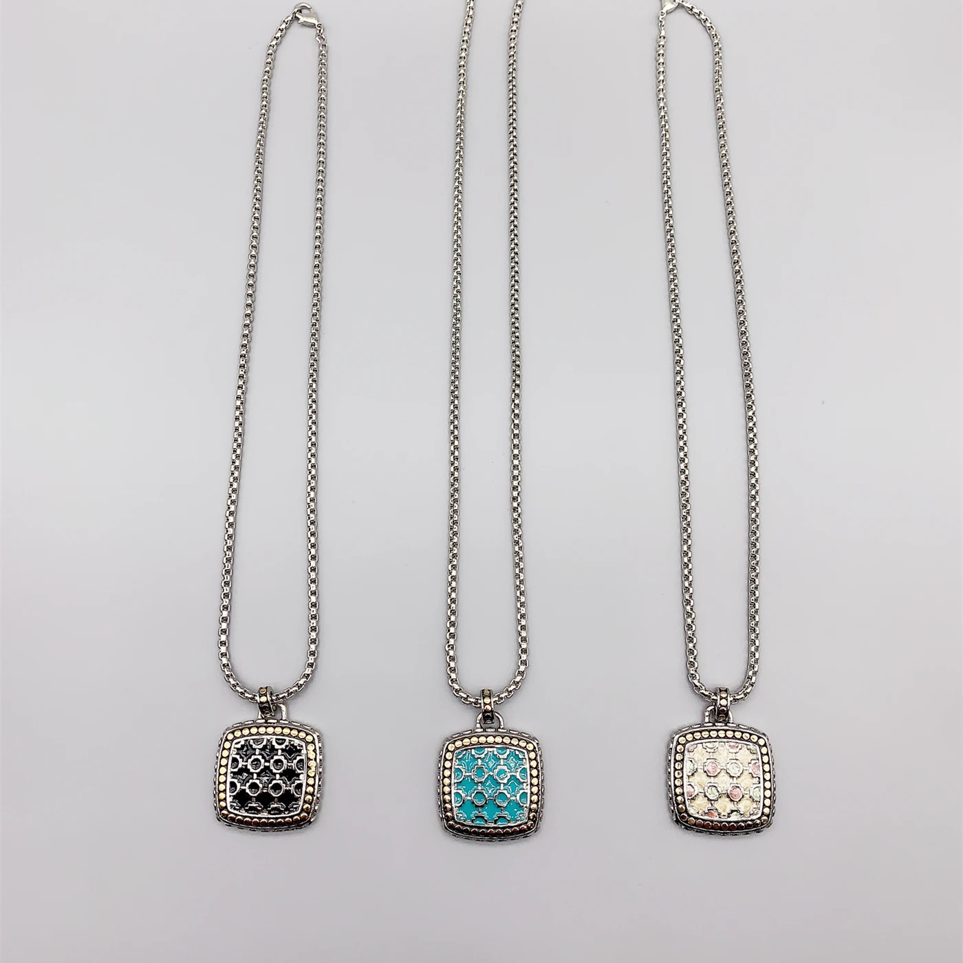 FoLisaUnique 3mm Silver Box Chain Blue Black White Enamel Pendant Necklace For Women