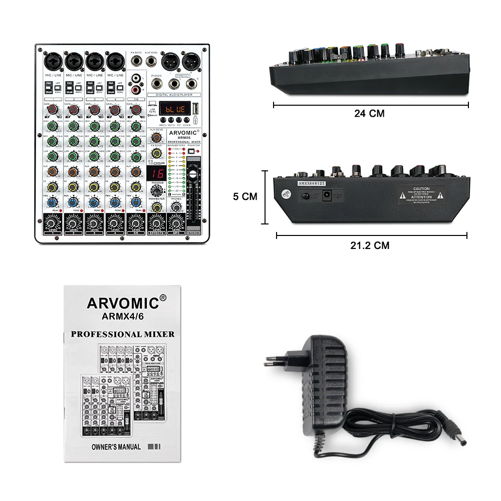 Audio Mixer 6-Channel Audio Mixer ARVOMIC DJ Mixer USB Audio Interface Bluetooth Function 16 DSP Effects 3-Band EQ