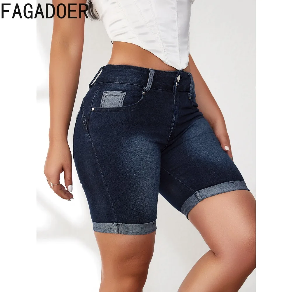 FAGADOER Dark Blue Summer High Quality Elastic Denim Shorts Women High Waisted Button Pocket Skinny Shorts Casual Cowboy Bottoms