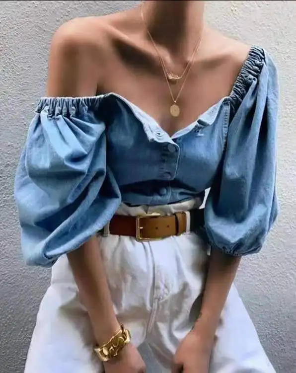 

Women's Denim T-Shirt Tops Summer Fashion Street Cropped Sleeve Tops Button Off Shoulder Elegant Denim Cardigan Tops Streetwear