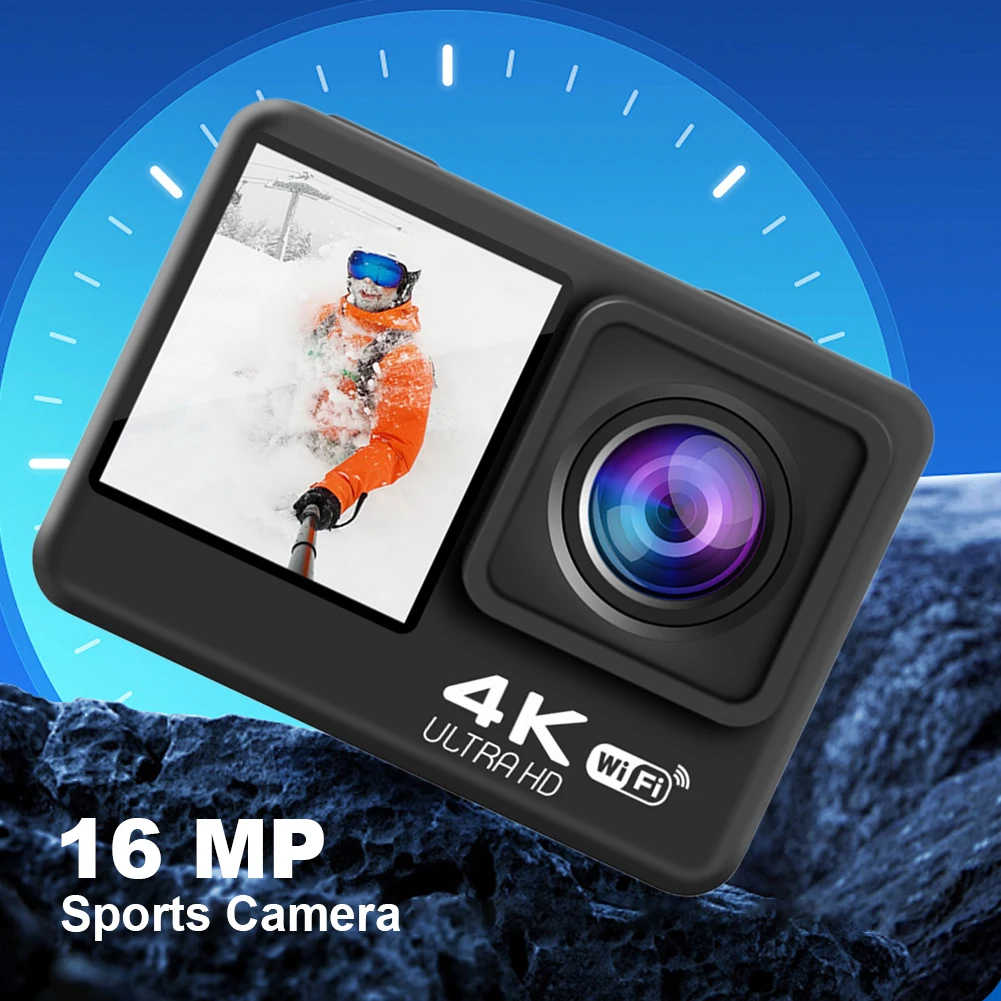 4K UHD 야외 스포츠캠 듀얼 스크린 디스플레이 2.0인치 IPS 화면 자전거 비디오 녹화 카메라 120도 광각 수중 카메라