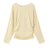 2026 new women's clothing style simple long sleeved round neck long sleeved slim fit side pleated T-shirt - Image 4