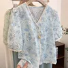 Women's Light Blue Floral Print Short-Sleeve Blouse With Lace Trim And V-Neck Design