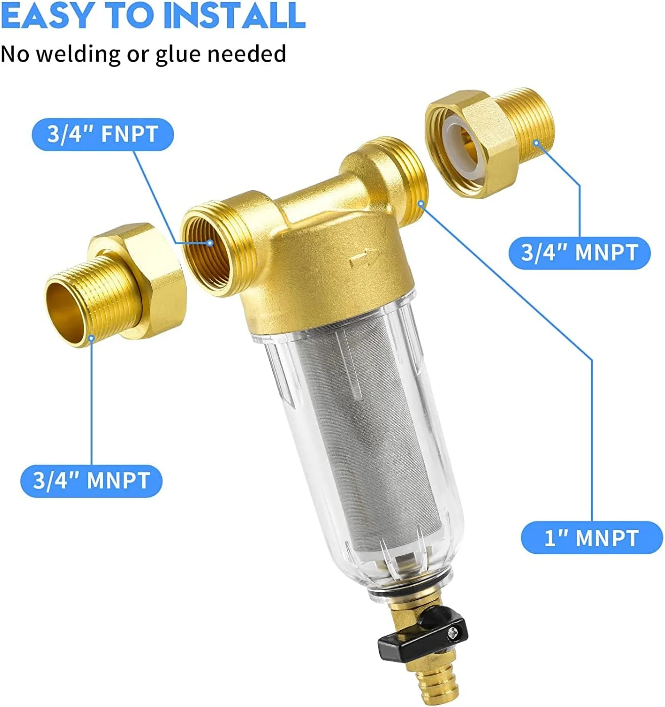 Reusable Whole House Spin Down Sediment Water Filter, 50 Micron Flushable Prefilter Filtration1" MNPT + 3/4" FNPT + 3/4"MNPT