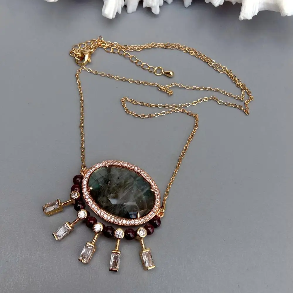 2x30mm Natural Labradorite Garnet Cz Beads Faceted Gemstone Gold Plated Chain Necklace pendant necklace,silver necklace,gold necklace