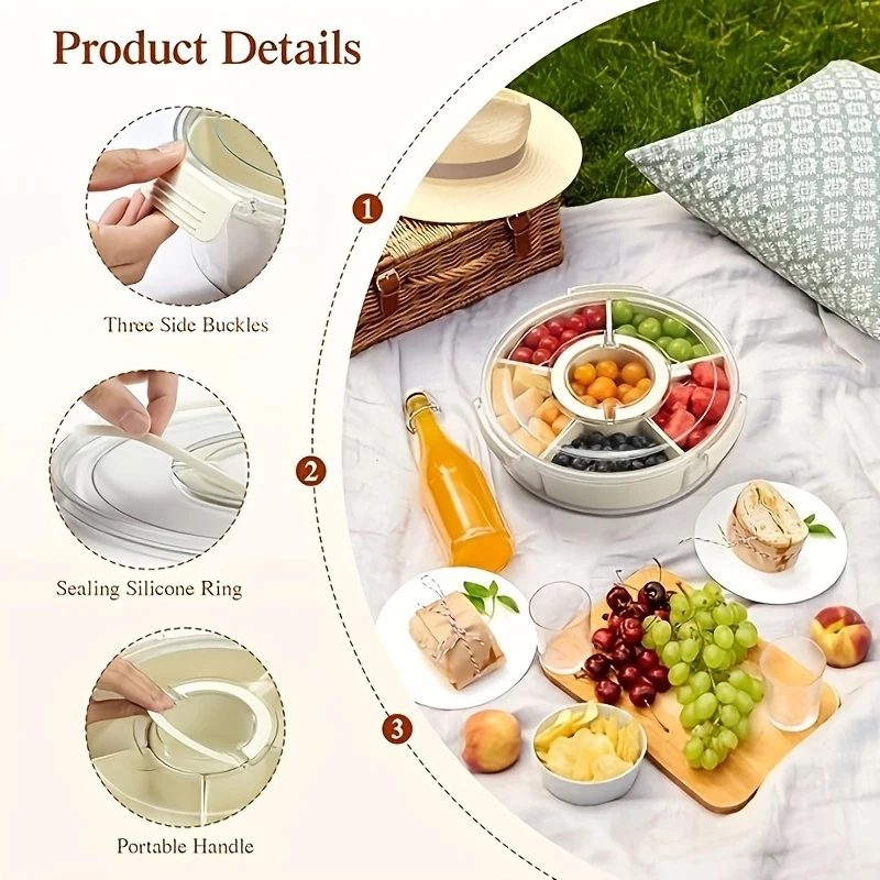 Family Pack Rotating Picnic and Snack Tray with Lid - Six-Compartment Serving Dish