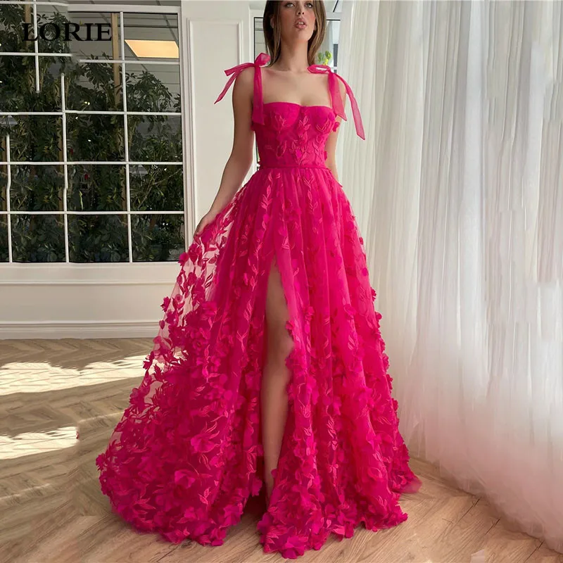 LORIE Hot Pink 3D Flowers Prom Dresses A Line Bow Straps Lace Evening Party Dress Sweetheart