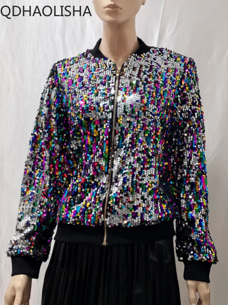 

Куртка женская короткая на молнии, модная весенняя уличная одежда с блестками, Топ с длинным рукавом, повседневное пальто с индивидуальным дизайном