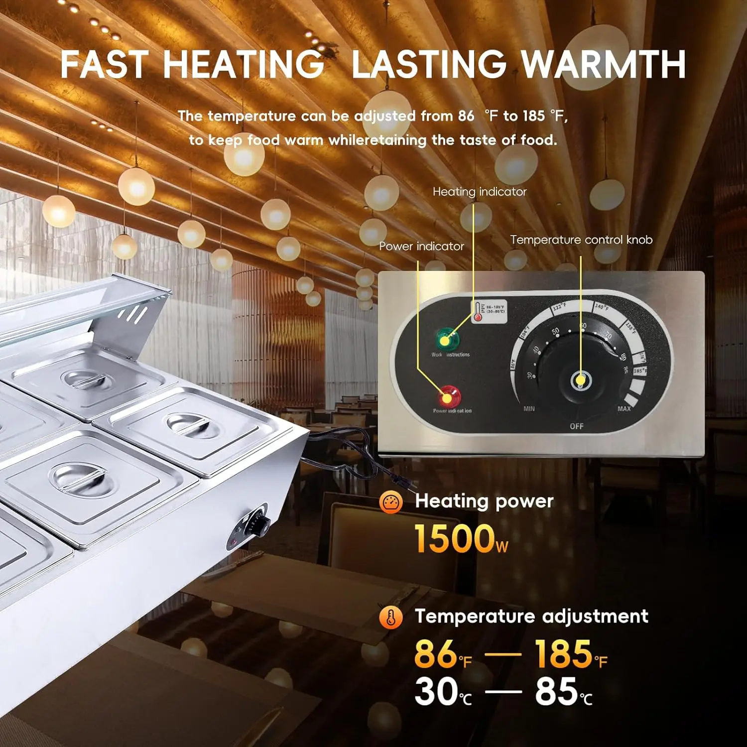 Commercial Food Warmer, 72 Qt Electric Bain Marie with 6" Deep Pans,Steam Table with Tempered Glass Cover, 1500W Countertop Stai 2