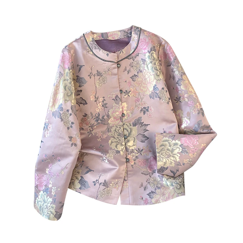Spring New Chinese Style Hanfu Tang Costume Jacquard Woven Gold Embroidery Long Sleeve Cardigan Women's Jacket Crew Neck D3