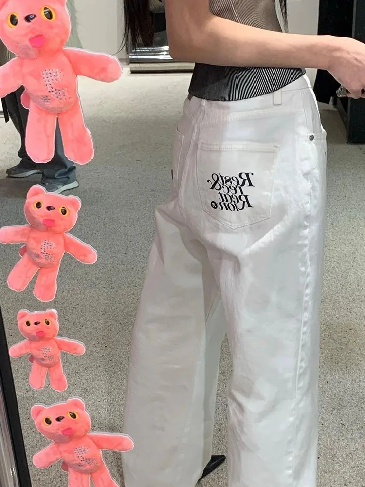 Tonngirls 여성용 화이트 아메리칸 레트로 청바지, 하이 스트리트 캐주얼 스트리트웨어, 데님 와이드 레그 팬츠, 대형 사이즈 Y2k 바지