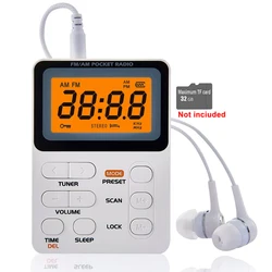 Portable AM FM Radio with Digital LCD Display and Rechargeable Battery, Includes Stereo Earphones (White)