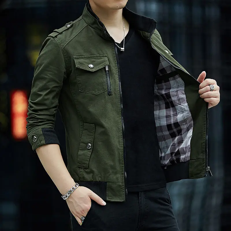 Men Bomber Jacket Military Zipper Spring Autumn Coat Motorcycle Jacket Slim Stand-up Collar Windbreaker Men's Clothing New