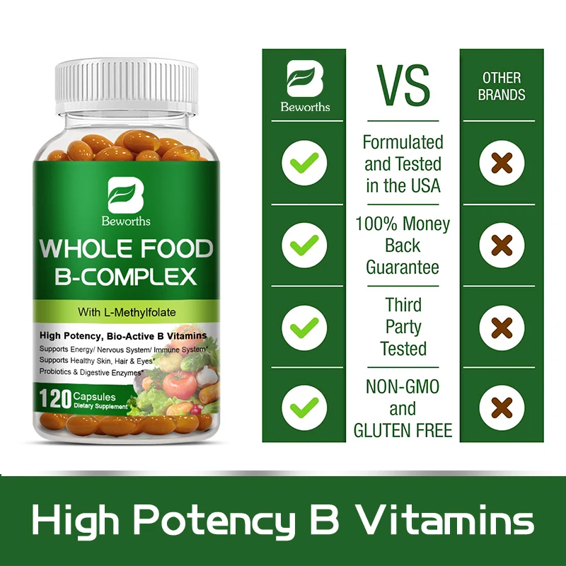 BEWORTHS Vitamin B Complex Capsules B1,B2,B3,B5,B6,B7,B12 Whole Food Supplement for Stress, Energy and Immune Support Non-GMO 6