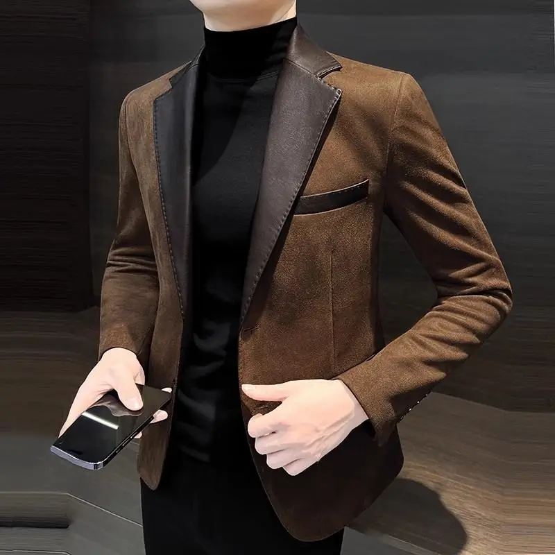 Mens Blazer Spring Autumn Long Sleeve Turn-down Collar Patchwork Solid Korean Pockets Button