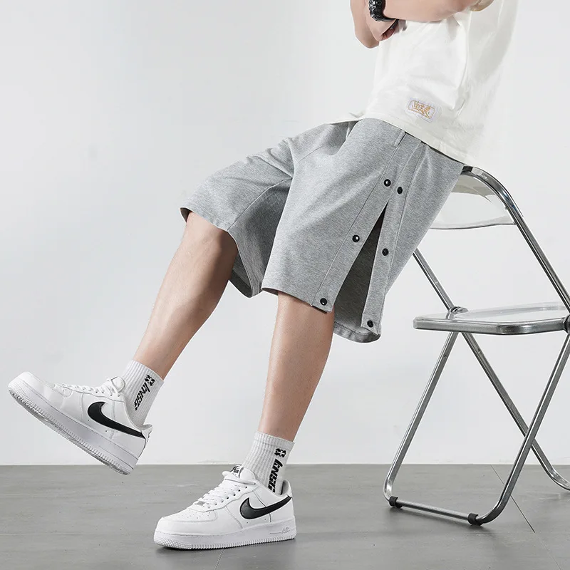 Full Open Summer Thin Breasted Shorts Men's Loose Solid Color Straight Outer Wear Casual Shorts Five-point Sweat Shorts
