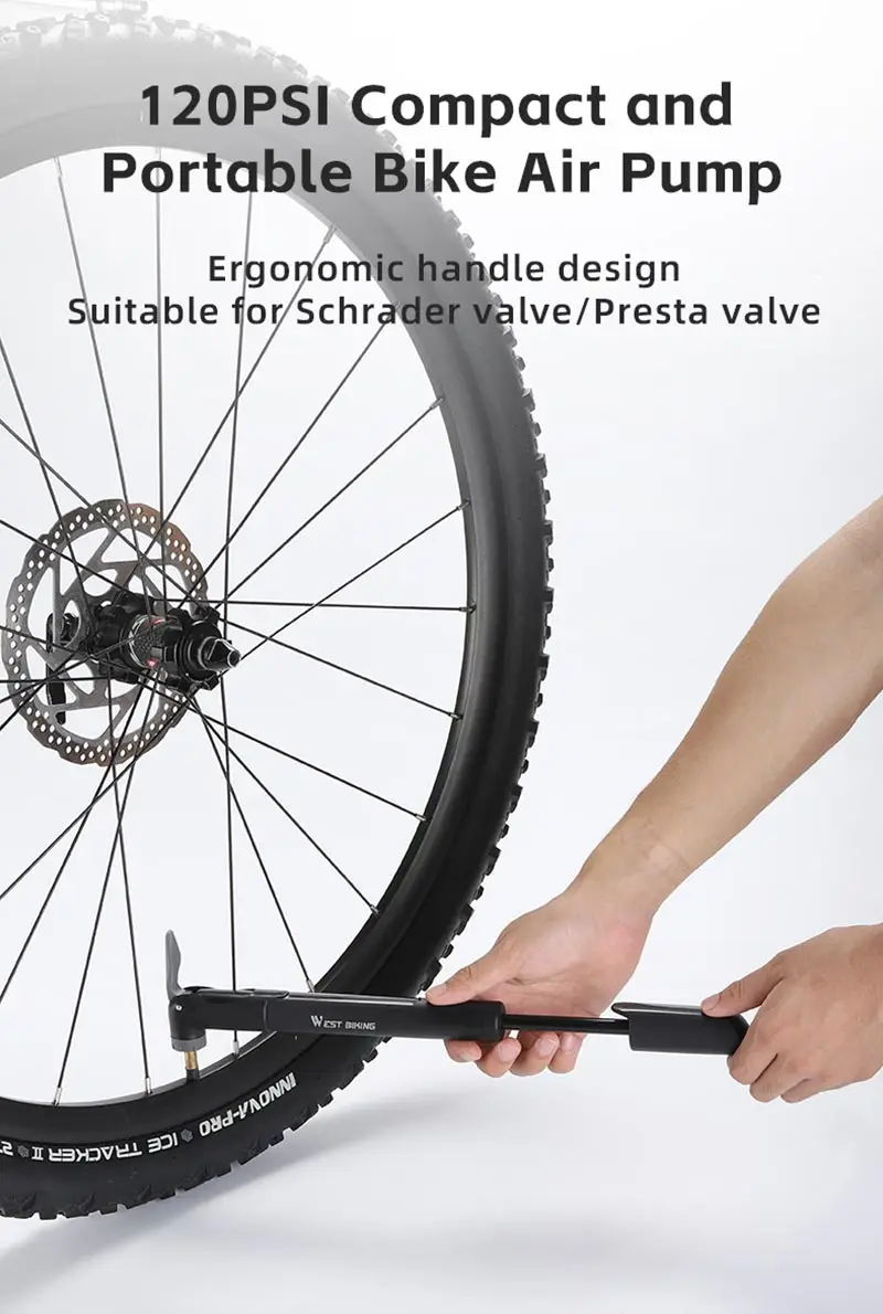 WEST BIKING Mini-Fahrradpumpe, 120 PSI, tragbar, Schrader/Presta-Ventil, Luftpumpe, Fahrradreifen, Handfüller, MTB, Rennrad, Zubehör – Detail 1