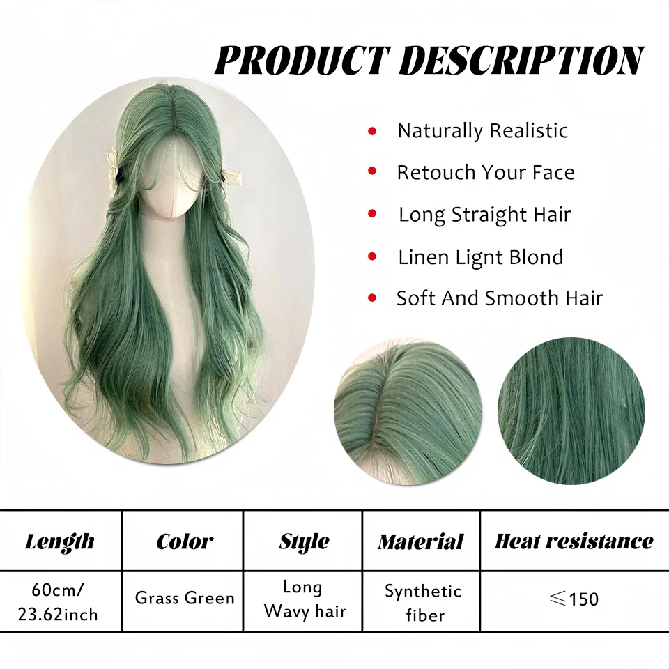 Green Synthetic Wavy Wig with Bangs for Women Daily Use