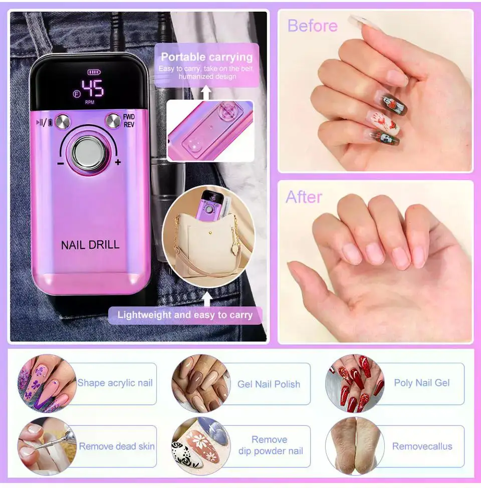 Description Picture 5 of itemNew 45000RPM Rechargeable Electric Nail Drill Machine Professional Nail art Drills Gel Nails Polish Portable Nail File Manicure