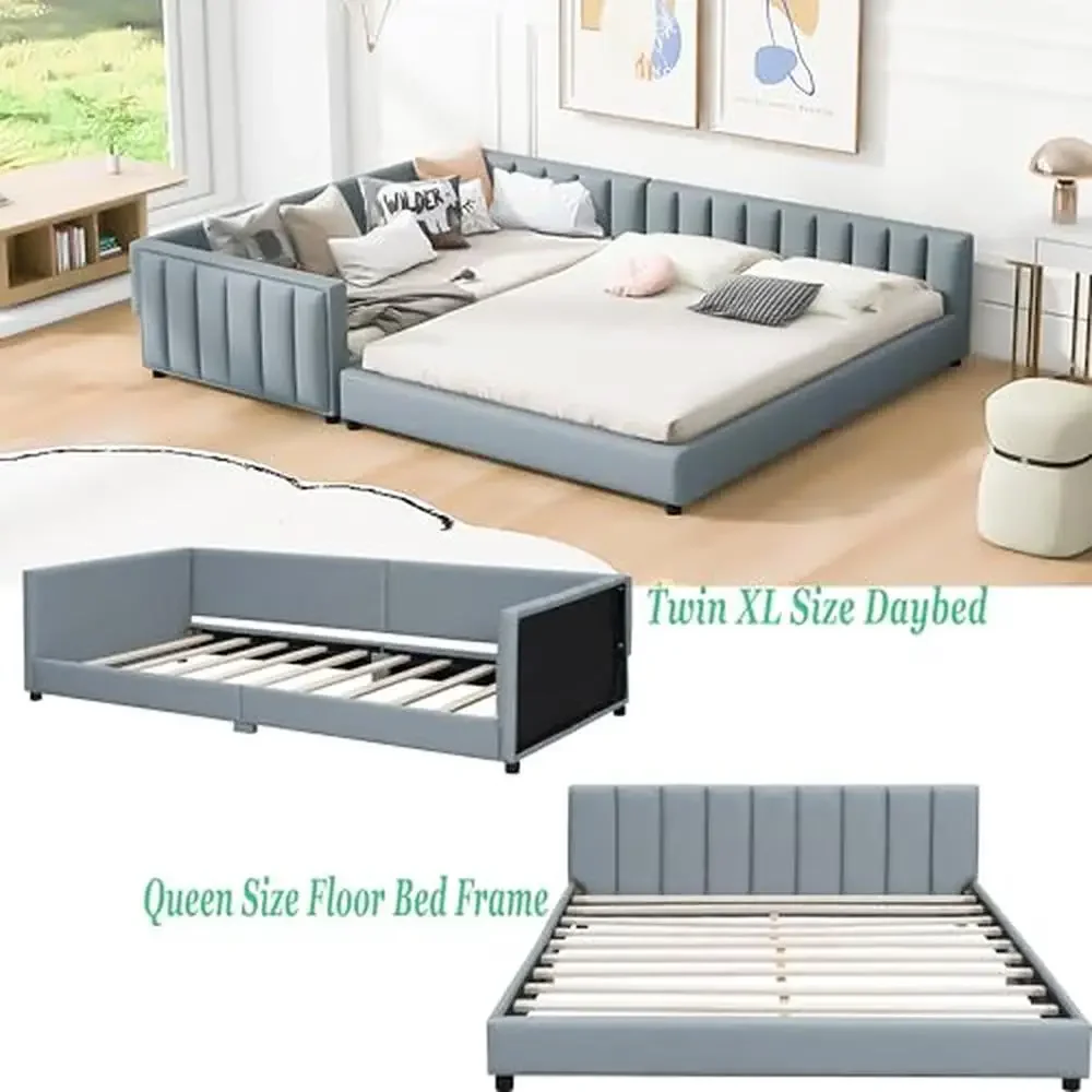 Queen Size Upholstered Platform Bed Frame Set Wood Bedroom Furniture Sofa Daybed Adults Kids with No Box Spring Needed Rustic 5