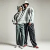 Funny Couple Hoodies Unisex Gray Oversized Hoodie Long Sleeve Pullover Loose Fit Sweatshirt For Two People Wearing 1