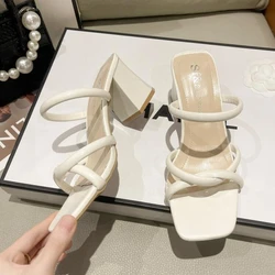 2024 New Designer Summer Pumps Slippers Sandals Shoes Women High Heels Square Toe Sandal Lady Shoes  heels women