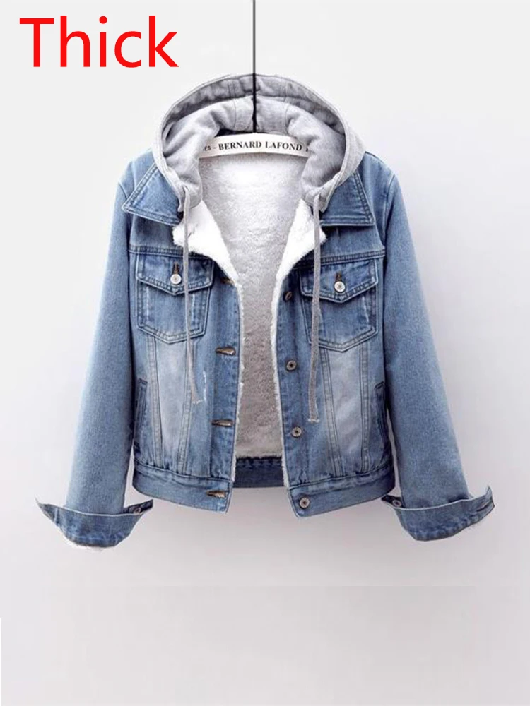 Women Fleece Denim Coats Winter Warm Hooded Jean Jacket Vintage Button