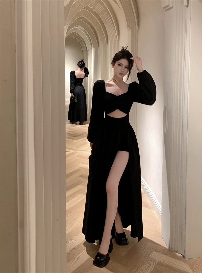 Elegant Black Long Dresses for Women Long Sleeve Square Collar Hollow Out High Slit Evening Party Dress Prom Robe Vestidos Mujer