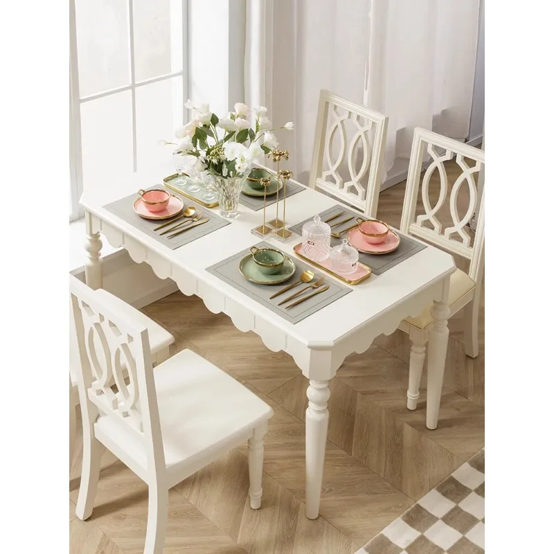 

French Cream Style Solid Wood Dining Table and Chair Combination Pure Wood Long Table White