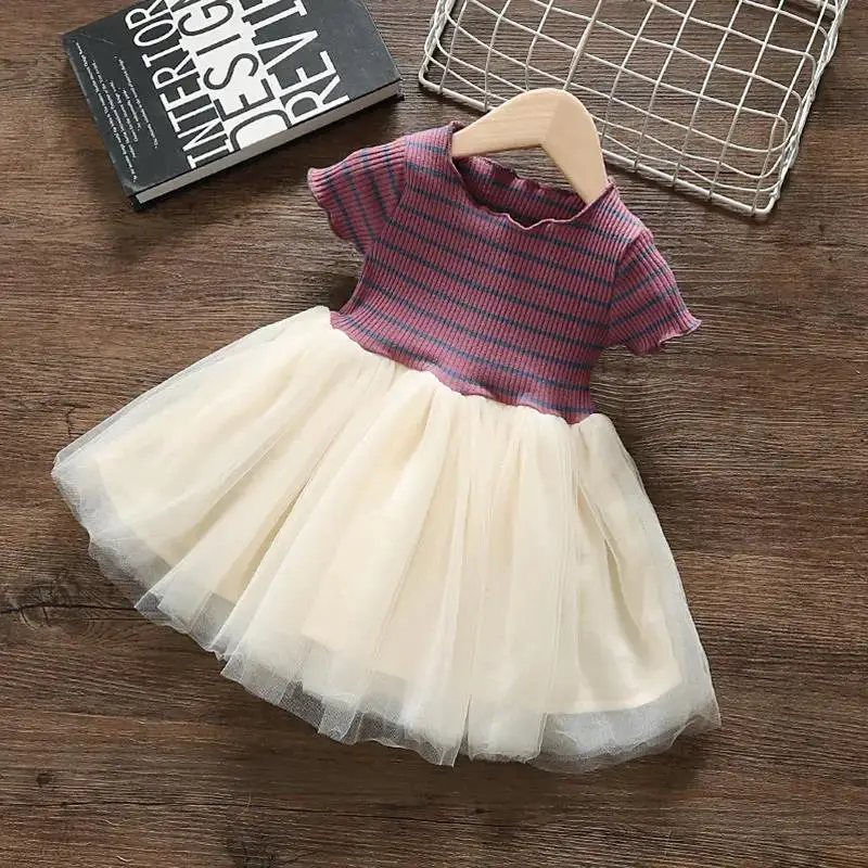 

Knitted Stripes Kids Dresses for Girls Summer Lace Chiffon Baby Toddler Girl Dress Long Sleeve Tulle Patchwork Clothes GY02165