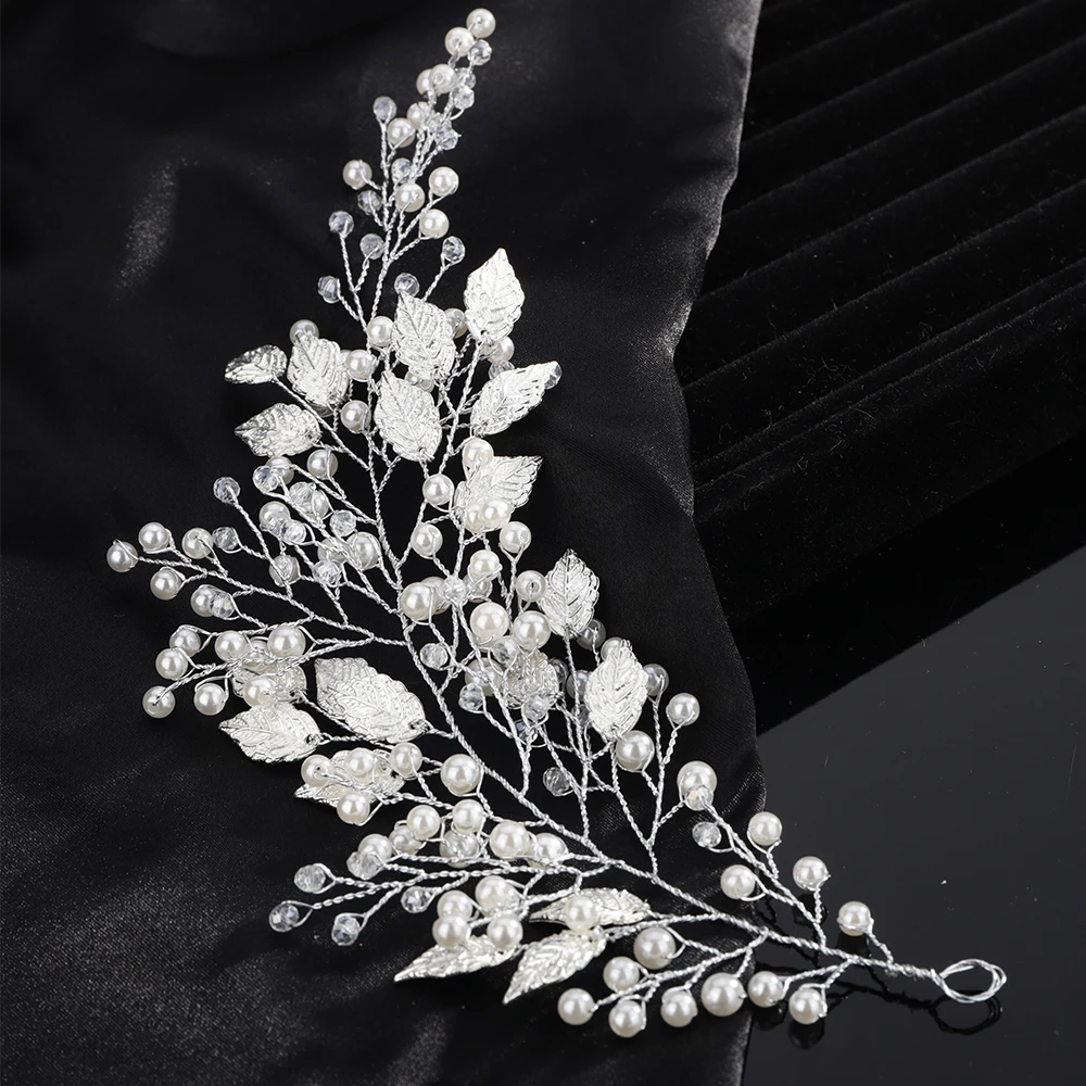 Hair Accessories Bridal Hair Accessories Pearl Crystal Wedding Hair Accessories Silver Gold Bridal Headband Women Jewelry Handmade Leaves Bride Party Headpiece Tiaras